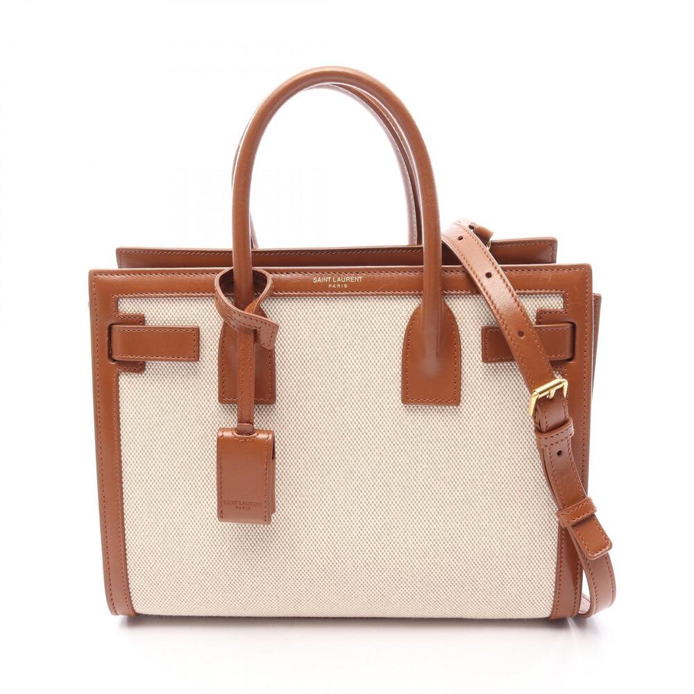 Saint Laurent Paris Baby Sac De Jour Top Bag Canvas Leather Ivory White Brown